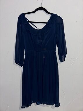 Annabelle Navy Blue Ruffle-Trim Midi Dress